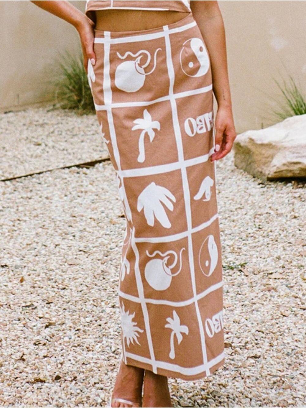 Sabo Sereno Side Slit Straight Long Skirt Brown White Print size XS